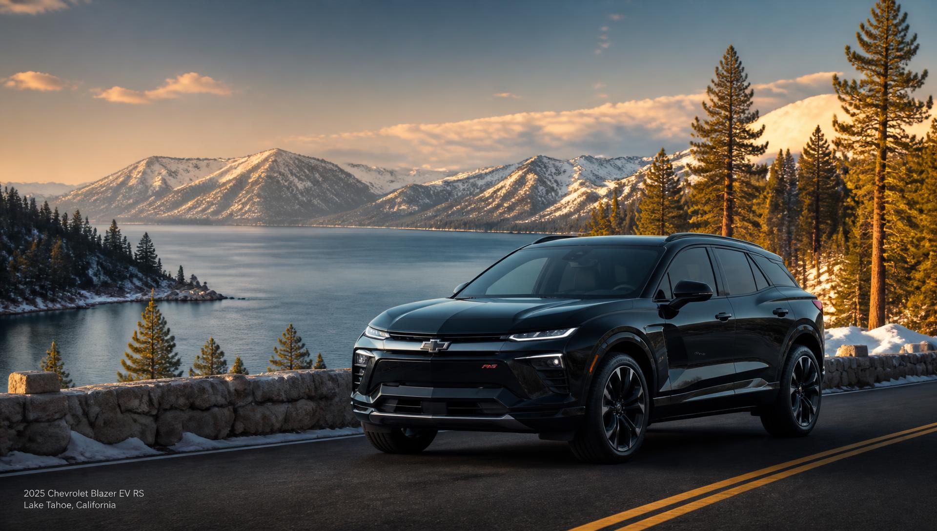 Black Chevrolet Blazer EV RS at Lake Tahoe