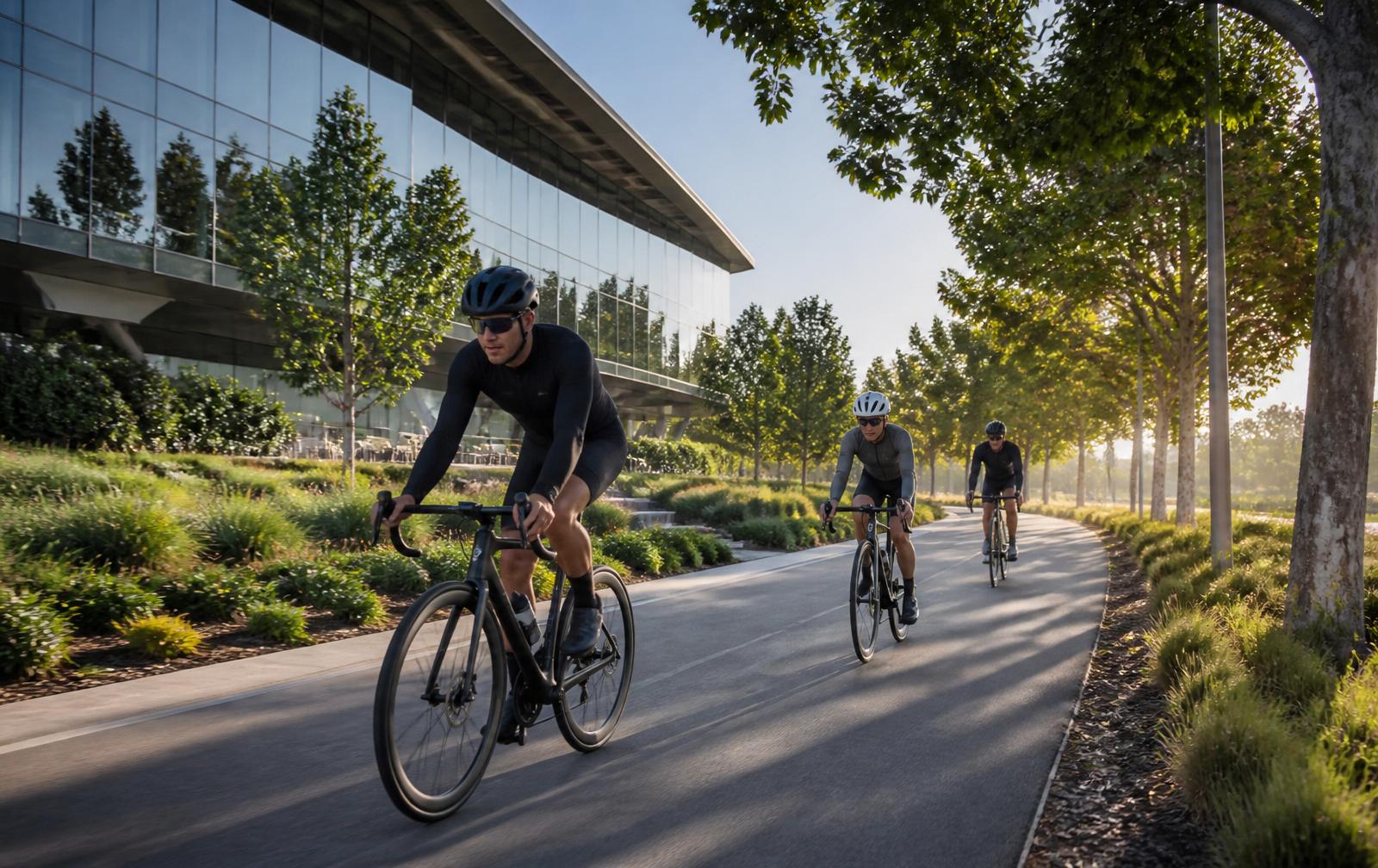Cyclists riding past a Silicon Valley technology campus