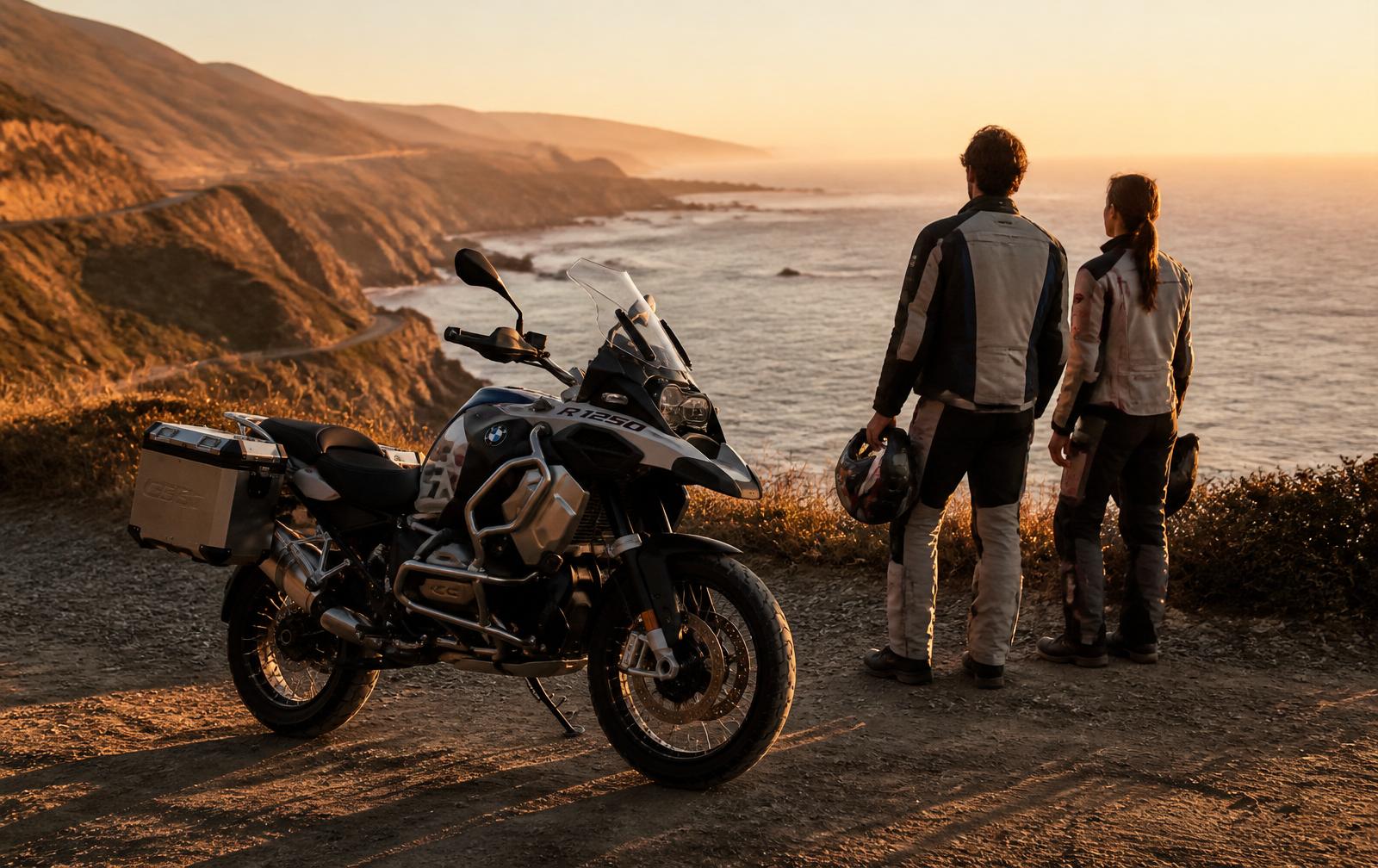 BMW R 1250 GS Rallye with two riders on the California coast at sunset