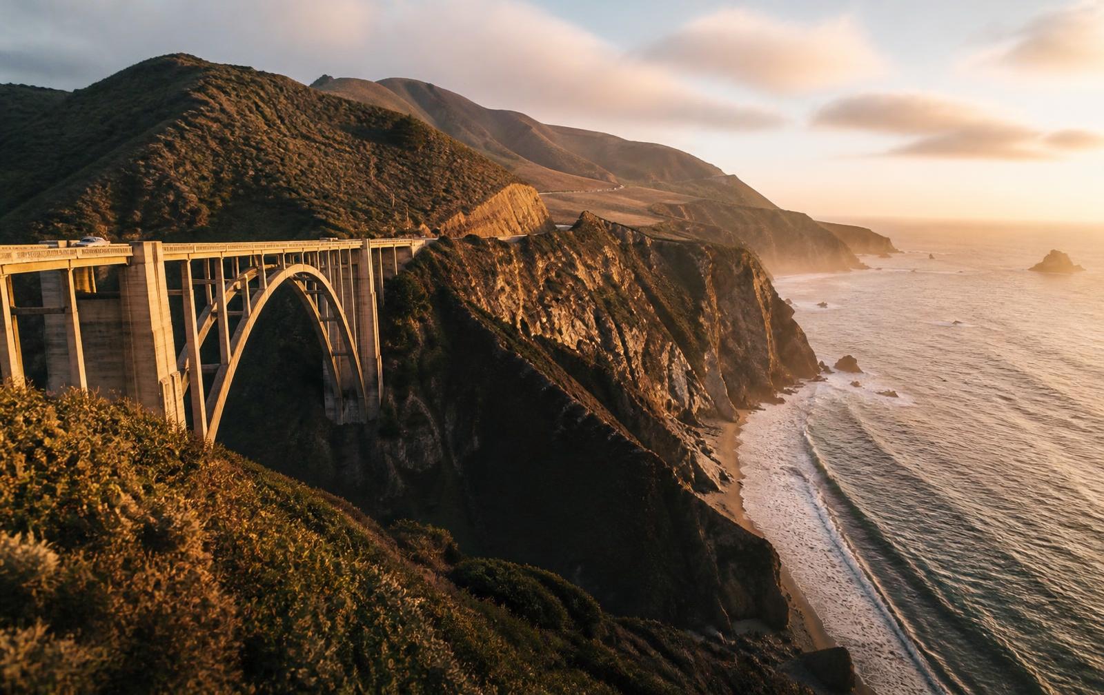 Bixby Creek Bridge on Highway 1 at golden hour