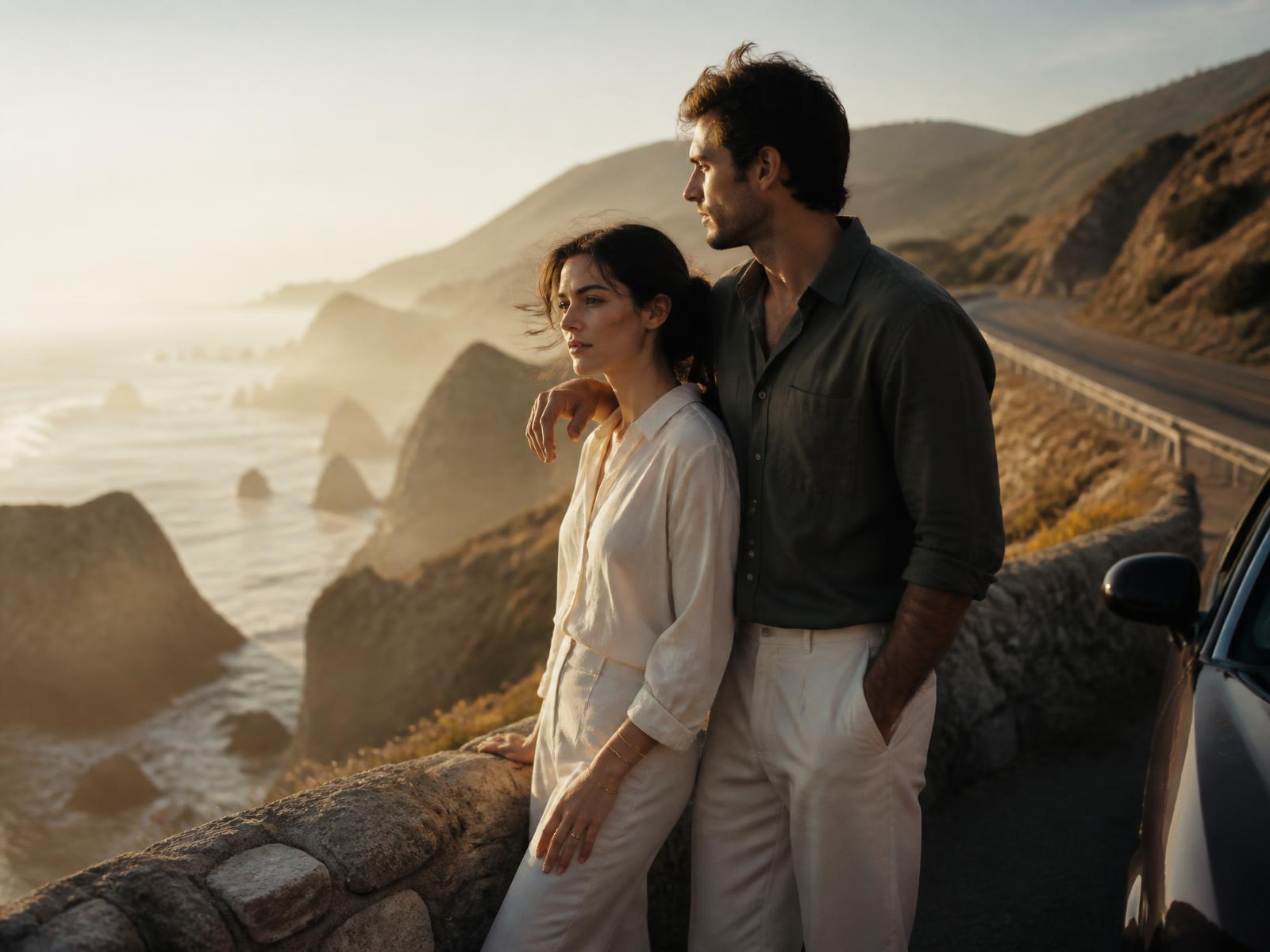 Couple at a Big Sur overlook on Highway 1 at golden hour