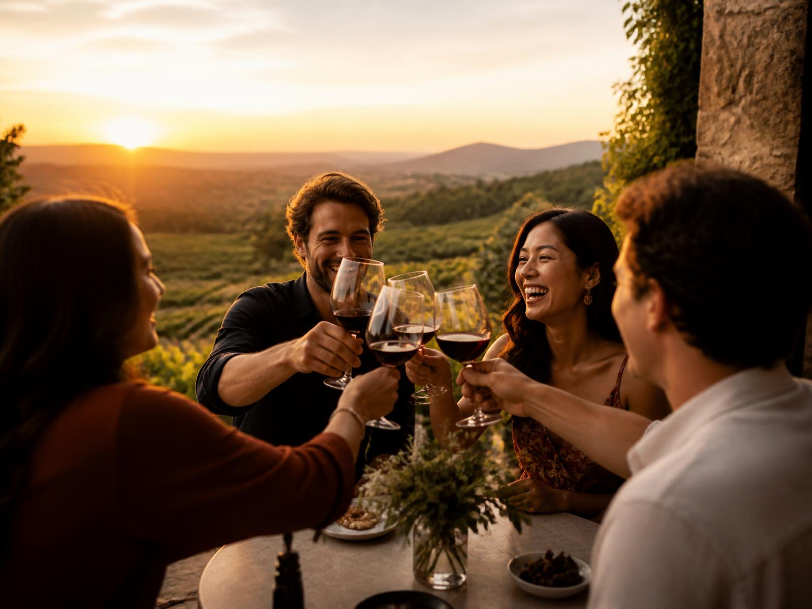 Friends toasting wine on a terrace over Napa Valley