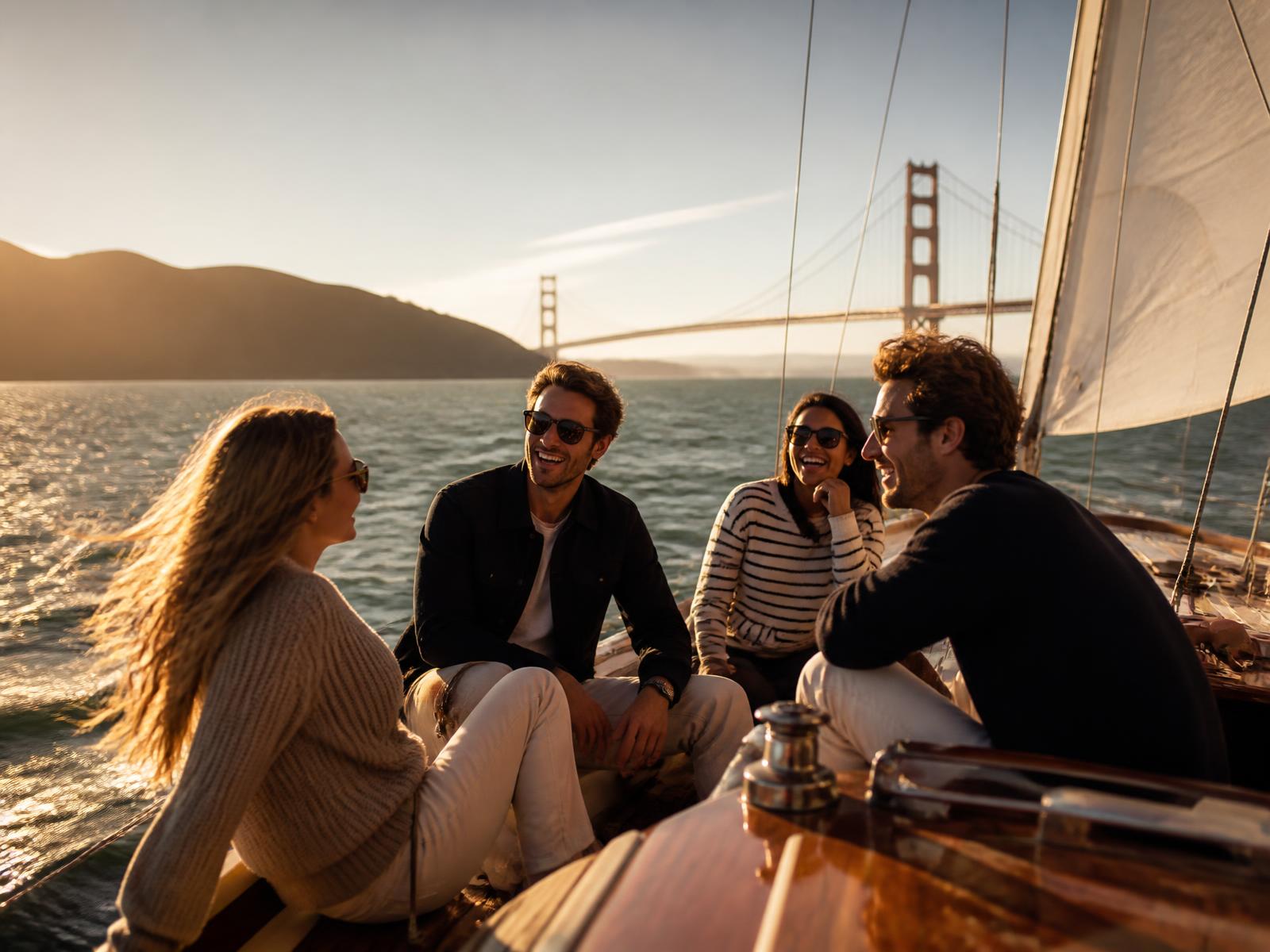 Friends sailing on San Francisco Bay at sunset