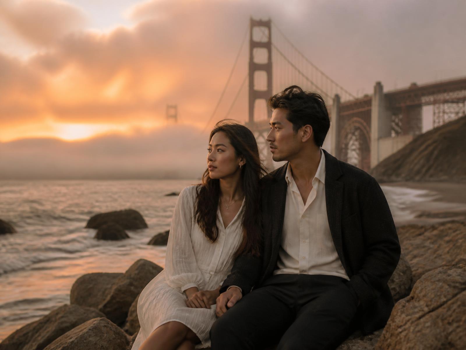 Couple at Baker Beach with the Golden Gate Bridge