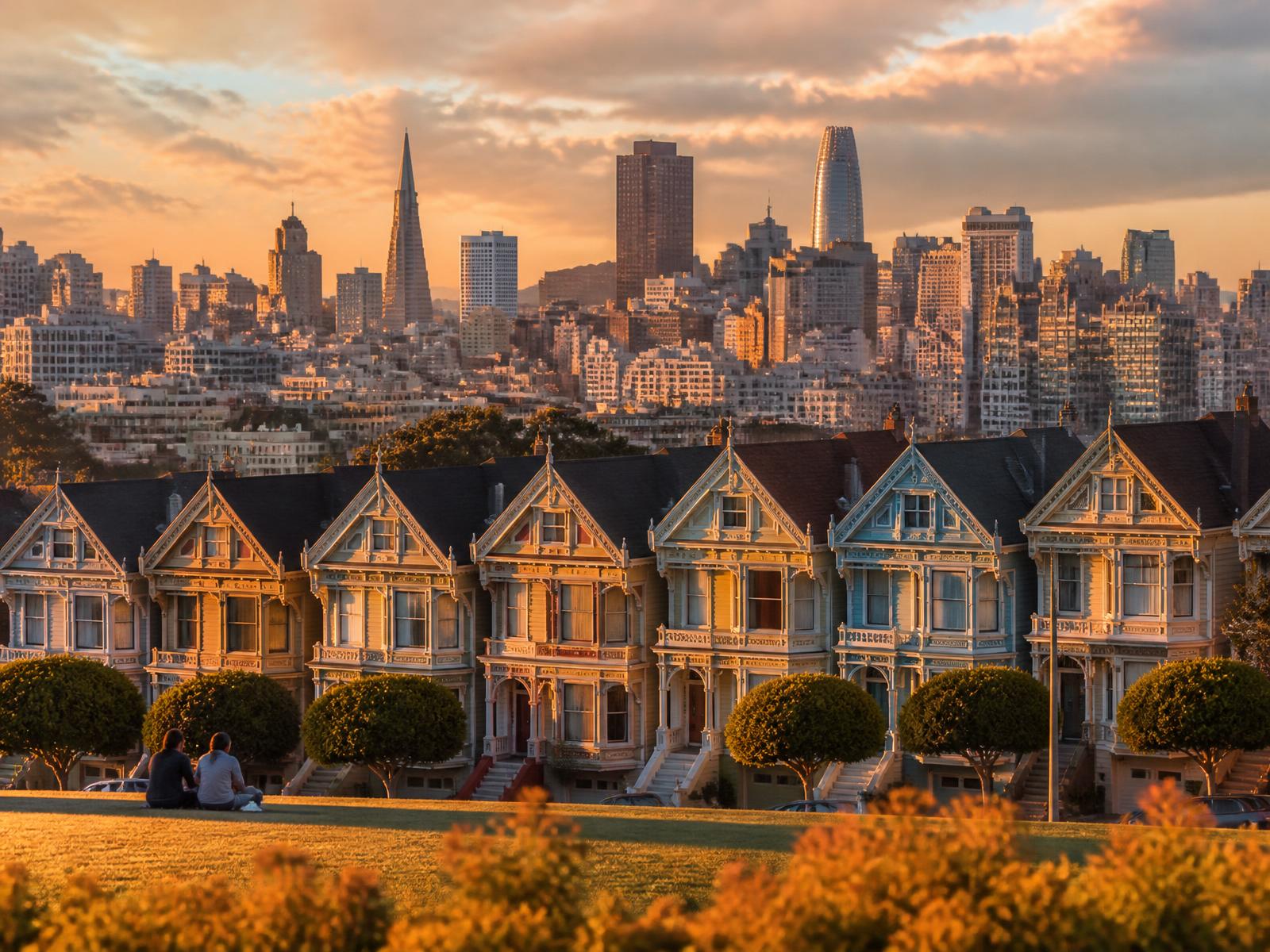 Painted Ladies and the San Francisco skyline at sunset