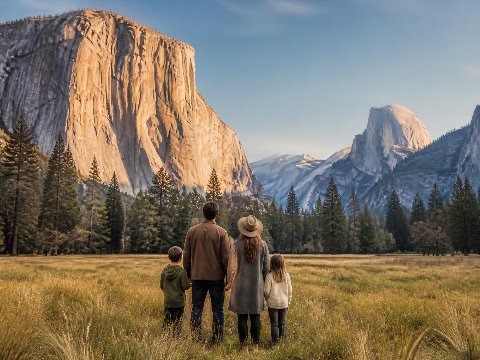 Family in a Yosemite meadow facing El Capitan