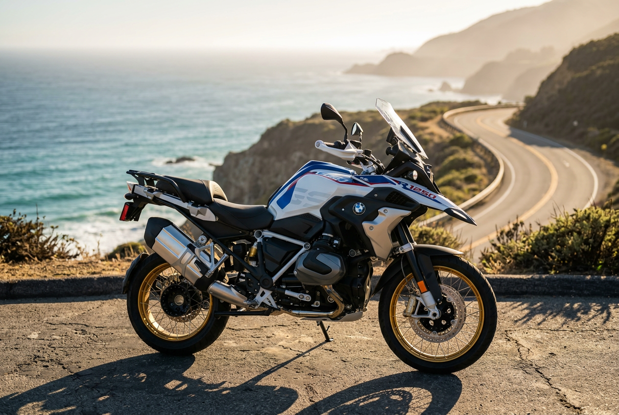 Adventure motorcycle on a California mountain road