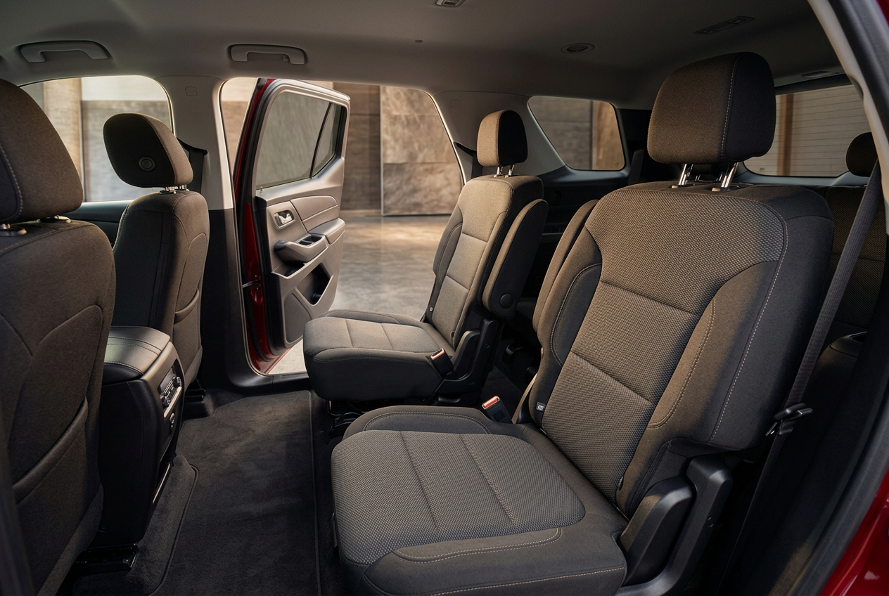 Second-row seats in durable cloth fabric with generous legroom in the Chevrolet Traverse